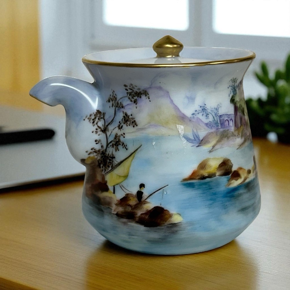 Kyusu‎ Japanese Teapot Hand Painted Signed Sansui Porcelain Fisherman Fuji VTG